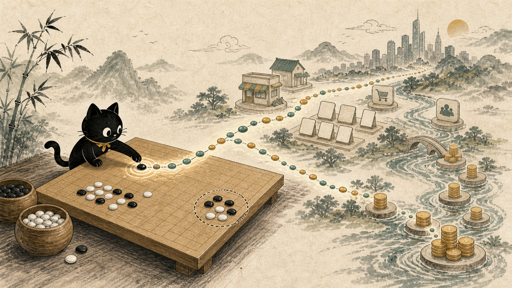 弃子争先与厚势实地插画